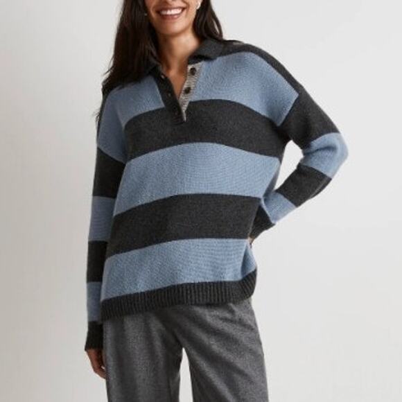 $118 Madewell Gray Blue Collared Knit Rugby Stripe Polo Sweater Plus Size XXL - Picture 1 of 7